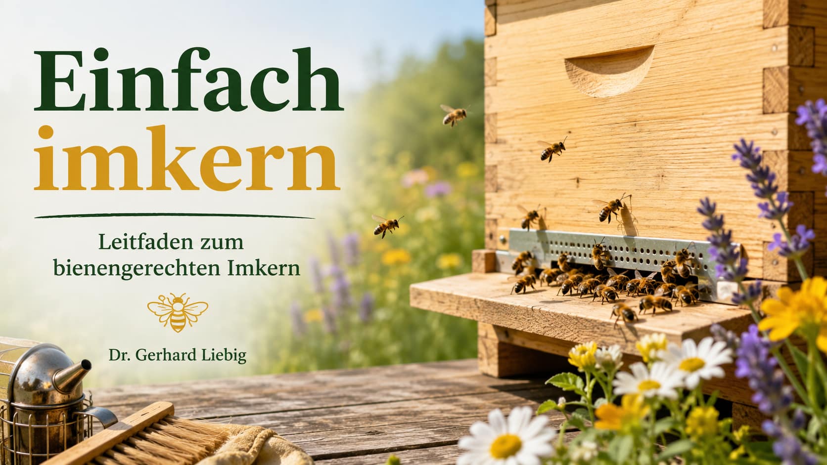 Buchbesprechung: "Einfach imkern" – 1 begeisternder Leitfaden zum bienengerechten Imkern von Dr. Gerhard Liebig 33 Beitragsbild für „Einfach imkern“ von Dr. Gerhard Liebig: Ein Bienenstock auf einer Sommerwiese mit Lavendel und Gänseblümchen, umgeben von fliegenden Bienen und Imkerwerkzeug.