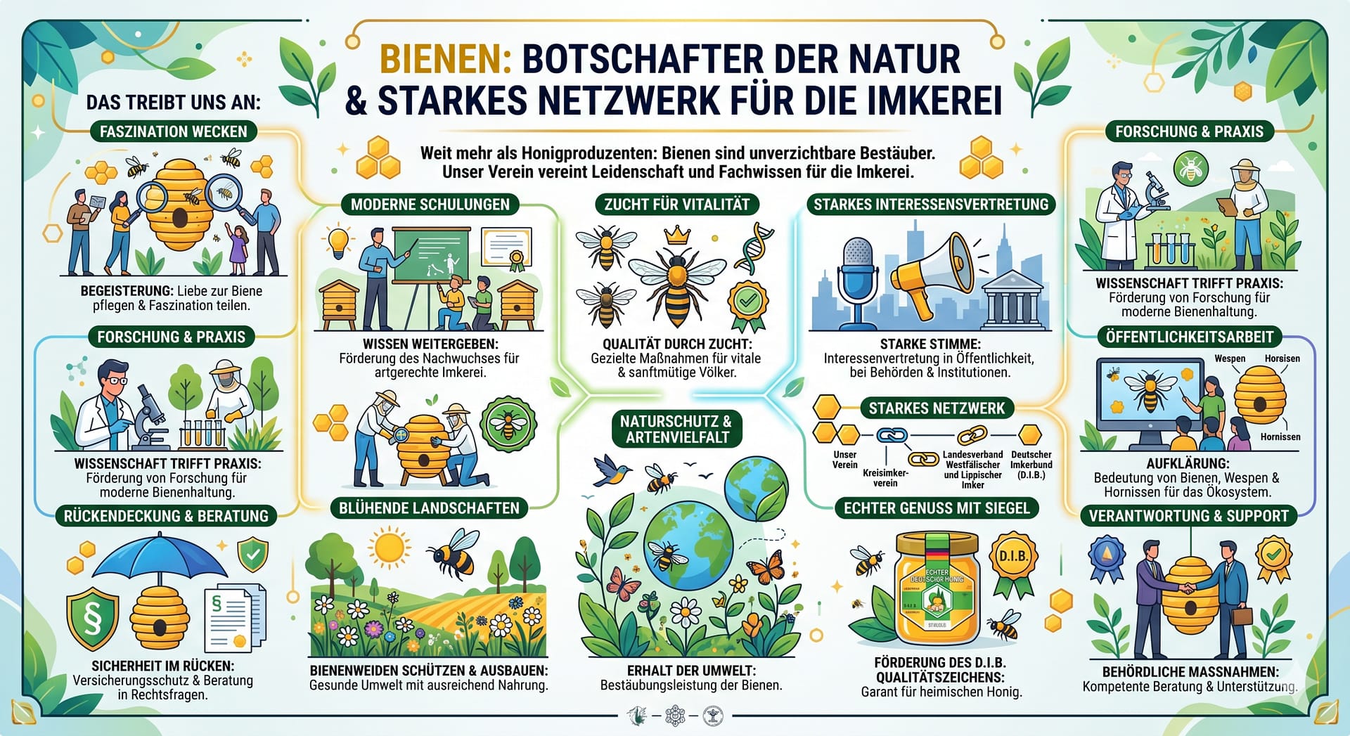 Drei Imker in Schutzkleidung auf einer Wiese vor der Herforder Altstadt prüfen Waben, im Hintergrund ein Holz-Infopanel des Imkervereins Herford mit Illustrationen.