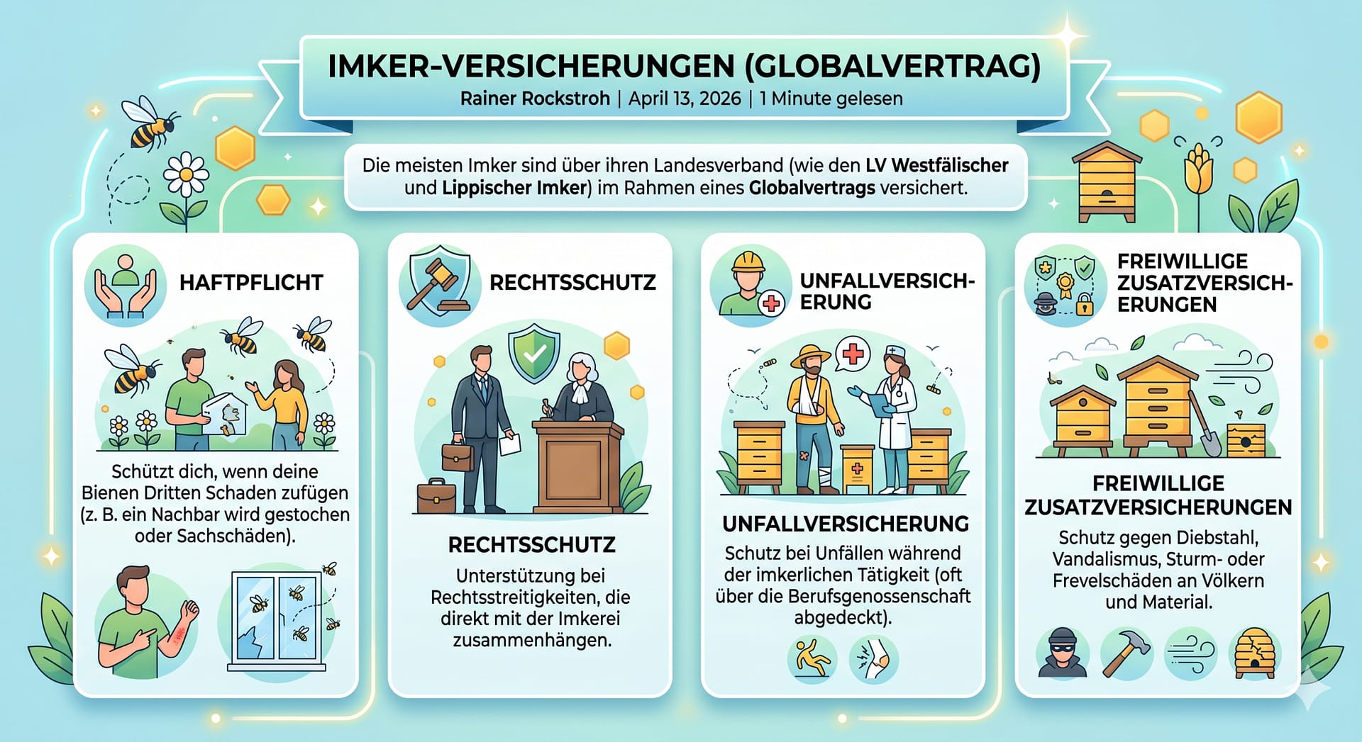 Imker-Versicherungen (Globalvertrag) 16 Infografik zu Imker-Versicherungen im Globalvertrag: Details zu Haftpflicht, Rechtsschutz, Unfallversicherung und freiwilligen Zusatzversicherungen für Imker.