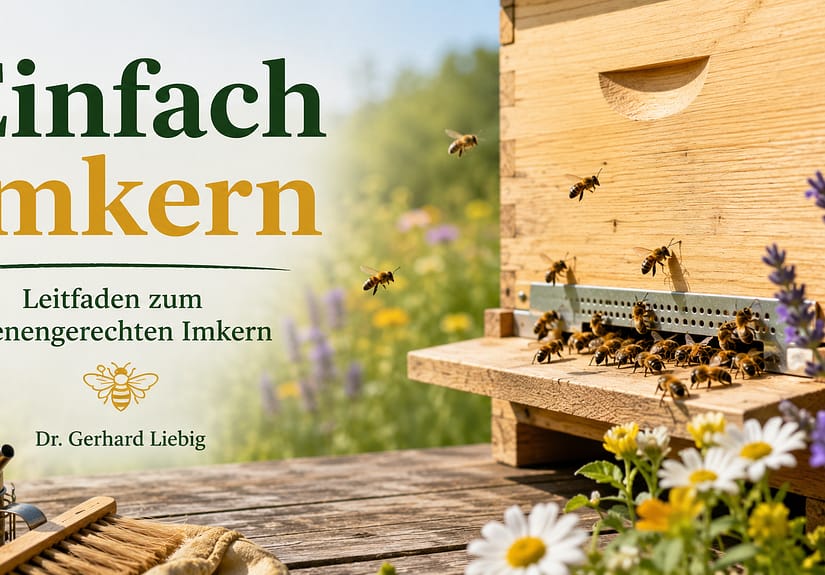 Buchbesprechung: "Einfach imkern" – 1 begeisternder Leitfaden zum bienengerechten Imkern von Dr. Gerhard Liebig 4 Beitragsbild für „Einfach imkern“ von Dr. Gerhard Liebig: Ein Bienenstock auf einer Sommerwiese mit Lavendel und Gänseblümchen, umgeben von fliegenden Bienen und Imkerwerkzeug.